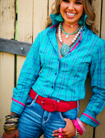 H&H Turquoise & Navy Check with Pink Ranch Shirt